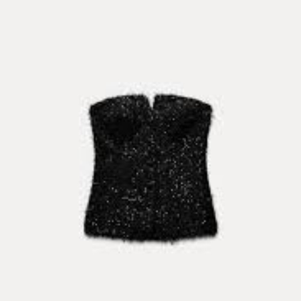ZARA FRINGED SEQUIN BUSTIER TOP - Picture 2 of 3